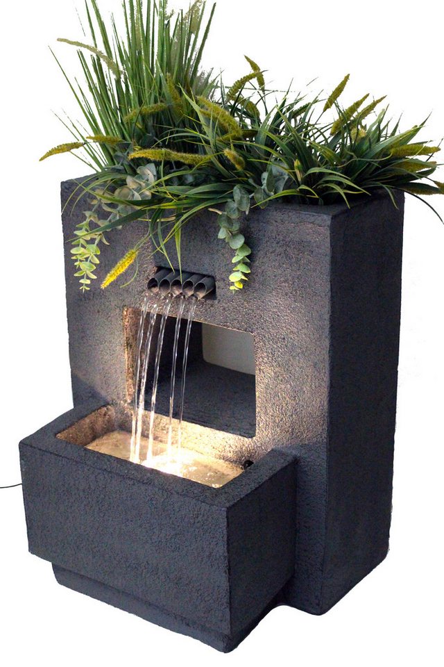 Arnusa Gartenbrunnen Springbrunnen mit LED Beleuchtung bepflanzbar 57x35x45 cm, Komplett-Set LED, Betonoptik von Arnusa