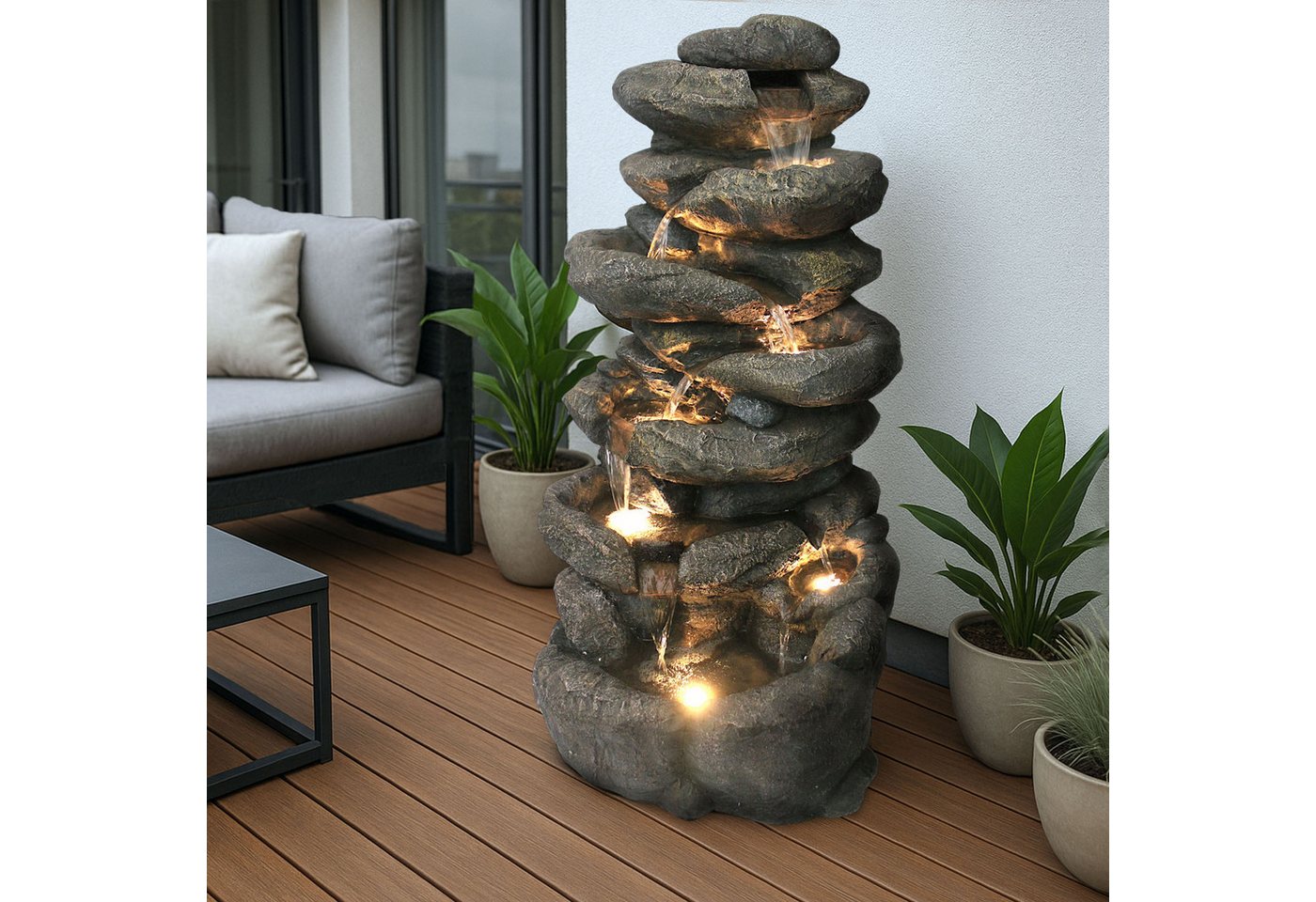 Arnusa Gartenbrunnen großer Springbrunnen 100 cm Wasserfall Kaskade mit Beleuchtung, 48 cm Breite, Gartendekoration von Arnusa