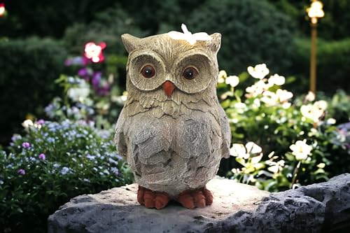 Arnusa Solar Gartenfigur Eule Skulptur mit Solarbeleuchtung 35 cm groß Steinoptik Gartendeko Solarlampe Grau Kunststein für Außenbereich Outdoor wetterfest von Arnusa