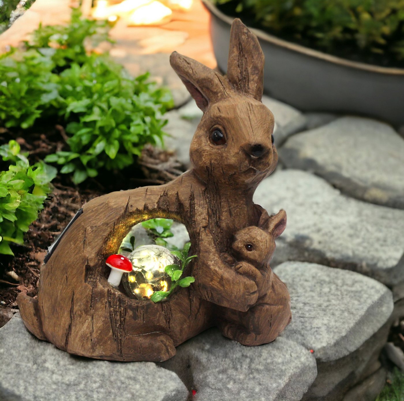 Arnusa Gartenfigur Solar Tierfigur Hase mit Glaskugel und warmweiß LED Beleuchtung, Gartendekoration Solarleuchte Solarlampe von Arnusa