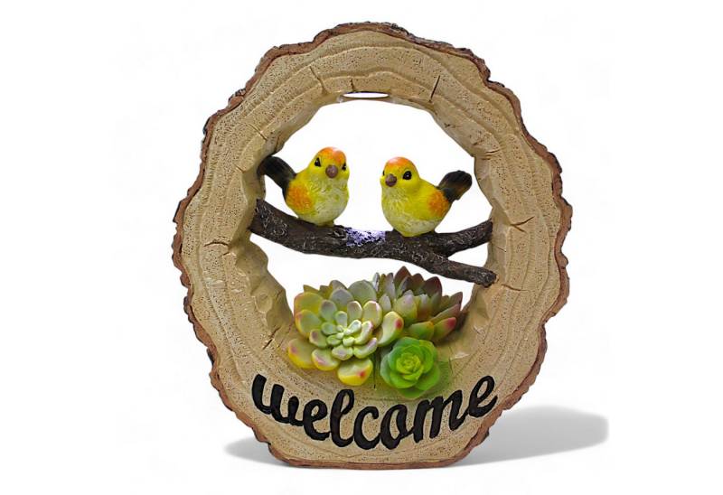 Arnusa Gartenfigur Solar Welcome Schild Gartendeko beleuchtet Holzoptik 23x20 cm, Solarleuchte Solarlampe Vogel von Arnusa