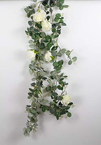Arnusa Künstliche Eucalyptus Girlande mit weißen Rosen Hängepflanze Dekogirlande Kunstpflanze von Arnusa