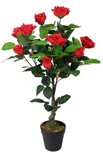 Arnusa Künstlicher Rosenstock Rosenstamm 75 cm Rot mit 12 Rosen und 114 Blätter Kunstrose künstliche Rose Kunstpflanze Pflanze im Topf von Arnusa