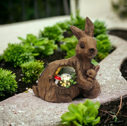 Arnusa Solar Gartenfigur Hase mit Glaskugel Gartendeko Osterhase Holz Optik Solarlampe warmweiß Figur Beet Outdoor wetterfest von Arnusa