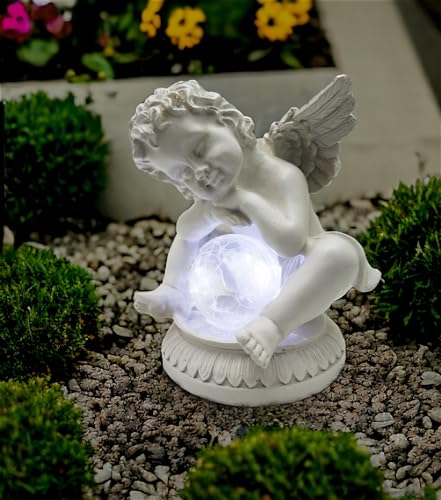 Arnusa Solarleuchte Engel mit Glaskugel 16x13cm Outdoor Gartenfigur Solarlampe Grableuchte Gartendekoration Weiß Engelfigur S-BK004 von Arnusa