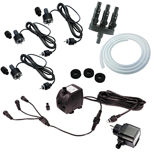 Springbrunnenpumpe mit LED Beleuchtung – Komplett-Set inkl. 3x Quellstein-LED, 3-Wege-Verteiler, ½" Schlauch, 12V Netzteil & 5m Kabel – Ideal für Wasserspiele & Gartenbrunnen (800 L/H, Kalt-Weiß) von Arnusa