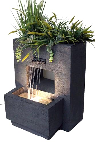 Gartenbrunnen mit Beleuchtung bepflanzbar Betonoptik 57 cm Springbrunnen Wasserspiel warmweiß Kaskade Wasserfall von Arnusa