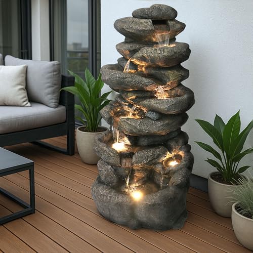 Großer Gartenbrunnen BK902 mit LED Beleuchtung Felsen Wasserfall Springbrunnen große Gartendeko Steinoptik 100 cm von Arnusa