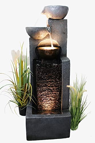 Arnusa Großer Gartenbrunnen mit LED Beleuchtung Springbrunnen Kaskade Wasserspiel Gartendekoration, Schwarz , Grau von Arnusa