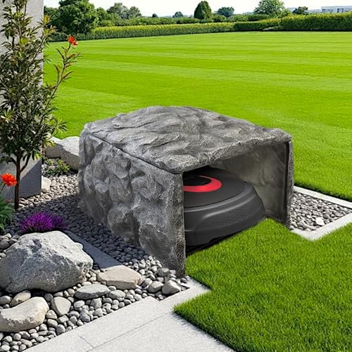 Mähroboter Garage in Steinoptik Carport Überdachung Design Garage Felsen Abdeckung 58x72x51 cm Polyresin Grau Gartenfelsen von Arnusa