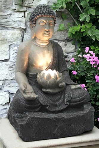 Springbrunnen Buddha mit LED Beleuchtung Zimmerbrunnen Gartenbrunnen Polyresin 56 cm Gartendekoration von Arnusa