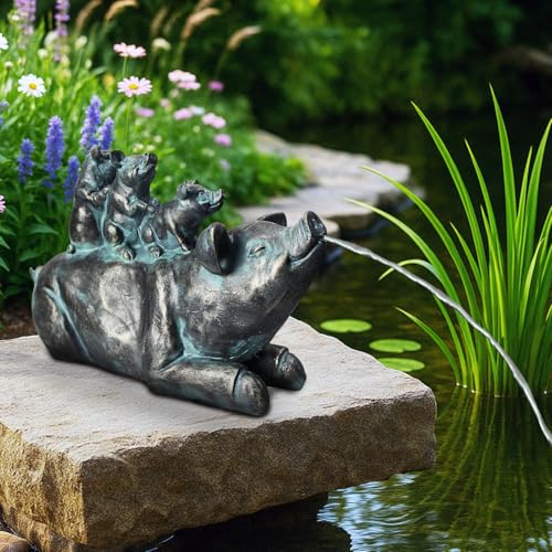 Wasserspeier Solar mit Pumpe – Teichfigur mit Solarpumpe & Wasserspiel – Gartendeko aus Polyresin in Bronze-Optik – Solarbrunnen für Gartenteich & Wasserlauf (Familie Schwein 32x14x21 cm) von Arnusa