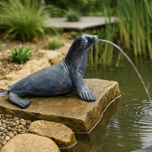 Wasserspeier Solar mit Pumpe – Teichfigur mit Solarpumpe & Wasserspiel – Gartendeko aus Polyresin in Bronze-Optik – Solarbrunnen für Gartenteich & Wasserlauf (Seehund 30x23x20 cm) von Arnusa