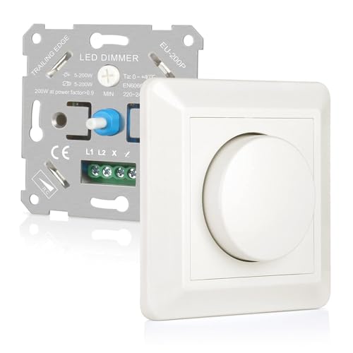Aroidful Dimmer Schalter 5W-200W Led dimmer mit phasenanschnitt AC 220-240V Rotary LED dimmer, leise und geräuschlos für dimmbare LED Lampen, Glühlampe und Halogenlampe, Cremeweiß von Aroidful