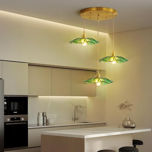AroimRex Pendelleuchte grünes Glaslicht Kücheninselleuchten Esszimmerleuchte Kronleuchter Blume DREI Lichter für Schlafzimmer Küche Flur grüne Sonnenblumenform verstellbar Hängeleuchte von AroimRex