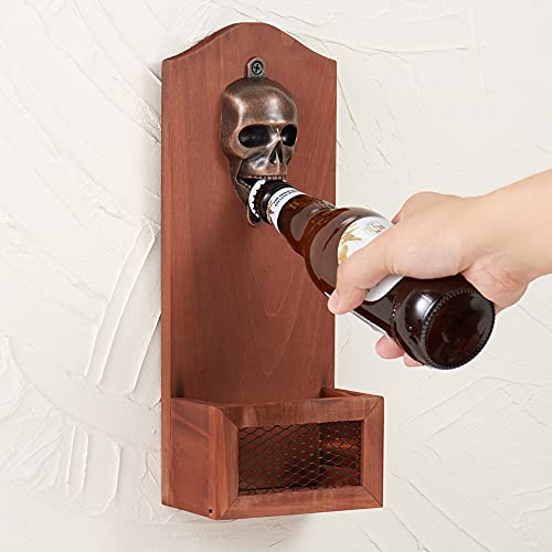 Schädel-Flaschenöffner mit Cap Collector Catcher, Vintage-Flaschenöffner aus Holz an der Wand，Ideales Geschenk für Männer und Bierliebhaber, Verwendung als Bardekoration.… von Arola