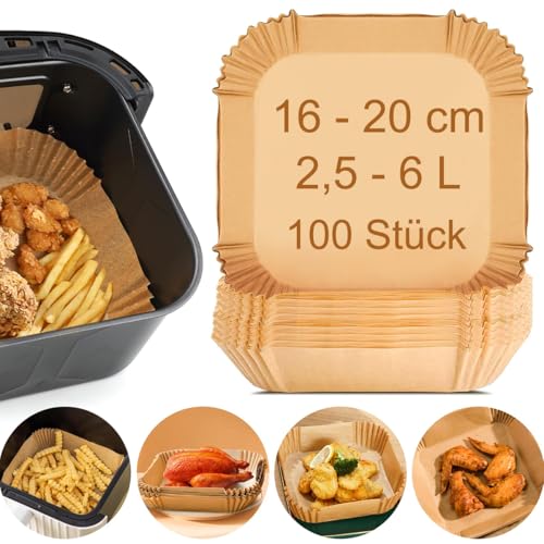 Backpapier für Heißluftfritteuse, 100 Stück Airfryer Papier Schalen 16-20 cm eckig, Antihaft Wasserdicht Ölfest Einwegschalen Liner Zubehör kompatibel mit Russell Hobbs 2,5L-6L Air Fryer von AromeLivii
