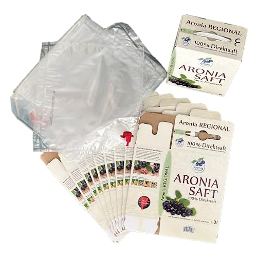 Bag in Box Beutel mit Karton 3 Liter 10 Stück | Komplettes Set zur Eigenabfüllung in Saftbeutel 3l mit Zapfhahn für Apfelsaft & andere Flüssigkeiten | Inklusive Karton & Anleitung von Aronia Original