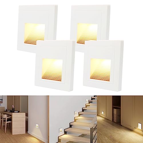 4er LED Treppenlicht/Treppenbeleuchtung für innen Arotelicht Warmweiß 3000K Wandeinbauleuchte Treppenleuchte für 60mm Schalterdosen Stufenlicht Beleuchtung, 85 x 85mm, eckig für Treppen Schritte, Weiß von Arotelicht