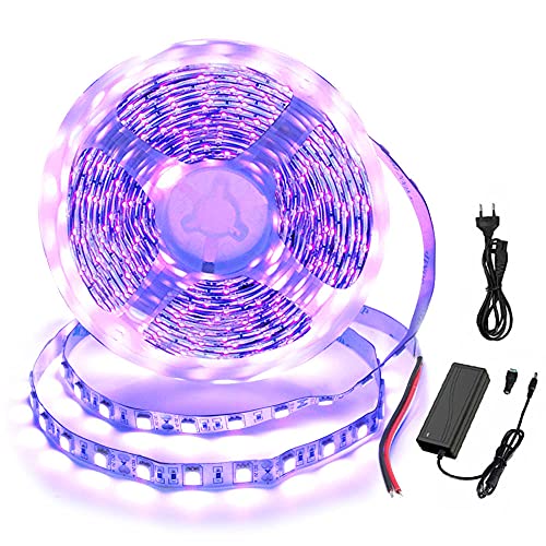5M UV Schwarzlicht LED Streifen mit Netzteil, Selbstklebend 5050 SMD LED Band IP20, UV LED Strip 300 LEDs Lichtband Strip Kit für Deko Party Küche Weihnachten von Arotelicht