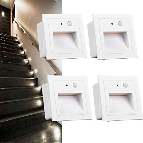 Arote 4er 3W LED Treppenlicht mit Bewegungsmelder Quadratische Warmweiß IP65 Wasserdicht Wandeinbauleuchte Wandleuchte Wandeinbaustrahler Stufenlicht Treppenlampen, innen aussen Alu 230V Body Sensor von Arotelicht