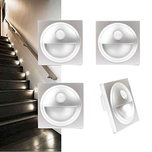 Arote LED Treppenlicht mit Bewegungsmelder Treppenleuchte Treppenbeleuchtung Wandeinbauleuchte Stufenlicht Beleuchtung Lampe, für 60er Schalterdosen, 4er Set, 230V warmweiß von Arotelicht