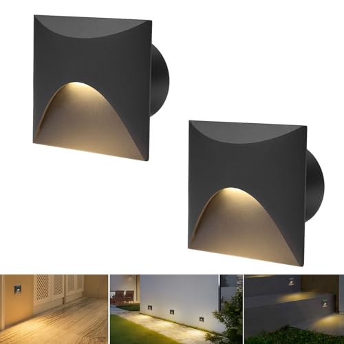 Arotelicht 2er 3W LED Treppenlicht Aluminium Warmweiß 3000K Treppenbeleuchtung IP44 Wasserdicht Wandleuchte 230V Eckig Wandeinbauleuchte Treppenleuchte Innen Außen Schwarz Stufenlicht, Unterputzdose von Arotelicht