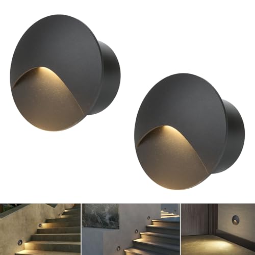 Arotelicht 2er LED Wandleuchte Aluminium Warmweiß 3000K 3W Treppenbeleuchtung IP44 Wasserdicht Treppenlicht 230V Rund Wandeinbauleuchte Treppenleuchte Innen Außen Schwarz Stufenlicht, Unterputzdose von Arotelicht