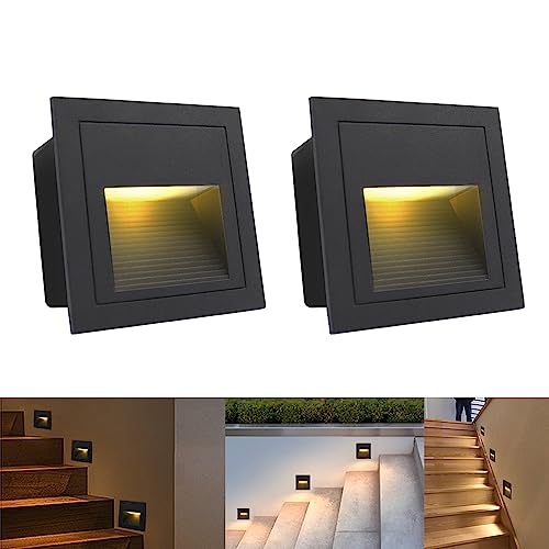 Arotelicht 2er Set 3W LED Wandeinbauleuchte LED Treppenlicht Warmweiß 3000K Wandleuchte Stufenlicht Beleuchtung Lampe Alu 230V IP65 wasserdicht, eckig, Schwarz Gehäuse für Garten, Terrasse, Treppen von Arotelicht