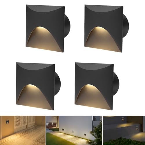Arotelicht 4er 3W LED Treppenlicht Warmweiß 3000K Aluminium Wandleuchte 230V Eckig Einbaustrahler Treppenleuchte IP44 Wasserdicht Innen Außen Schwarz Stufenlicht, mit Unterputzdose von Arotelicht