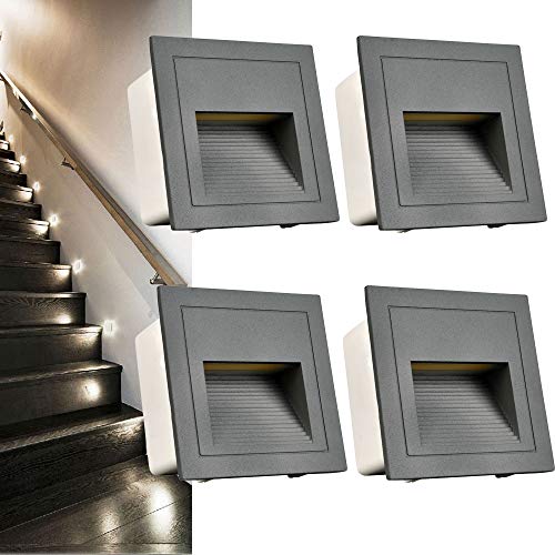 Arotelicht 4er 3W LED Wandeinbauleuchte Quadratische Treppenlicht Wandeinbaustrahler Wandleuchte Stufenlicht Mauer Beleuchtung innen und außen Lampe Alu 230V kaltweiß, 6000K, IP65 wasserdicht, Grau von Arotelicht