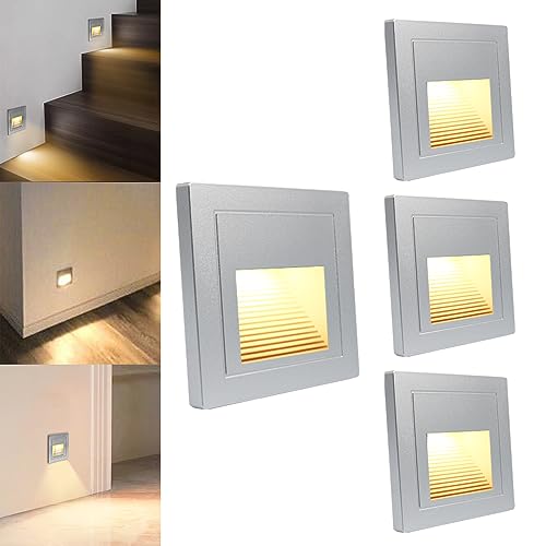 Arotelicht 4er LED Treppenlicht Treppenbeleuchtung für innen Wandeinbauleuchte Treppenleuchte Silber Warmweiß für 60mm Schalterdosen Stufenlicht Beleuchtung, 85 x 85mm, eckig für Treppen von Arotelicht