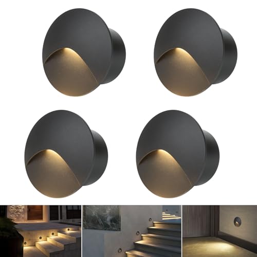 Arotelicht 4er LED Wandleuchte Warmweiß 3000K Aluminium Treppenlicht 230V Rund Einbaustrahler 3W Treppenleuchte IP44 Wasserdicht Innen Außen Schwarz Stufenlicht, mit Unterputzdose von Arotelicht