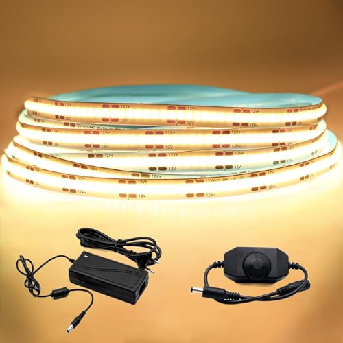 Arotelicht 5m COB LED Streifen 12V COB LED Strip warmweiß 3000K LED Licht Band Dimmbar 320LEDs/m Hohe Dichte mit Dimmer Adapter IP20 für Schlafzimmer Küche Home Innendekoration von Arotelicht