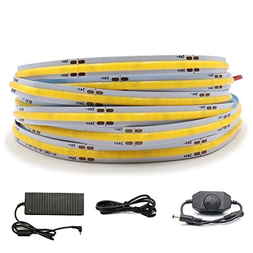 Arotelicht COB LED Strip 5m 24V COB LED Streifen warmweiß 3000K dimmbar COB LED Band Lichterkette Hohe Dichte 320 LEDs/M inklusive Adapter und Dimmer IP20 für Schlafzimmer Küche Home Innendekoration von Arotelicht