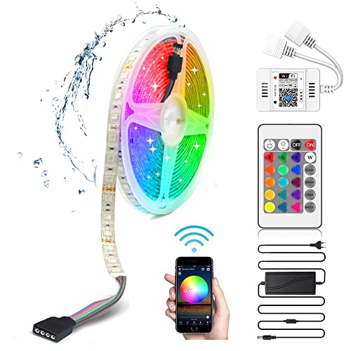 Arotelicht 5m LED Streifen RGB LED Strip 12V WIFI Lichterkette dimmbar SMD5050 300LEDs Selbstklebend IP65 wasserdicht Farbwechsel mit Fernbedienung und Netzteil für Zuhause, Zimmer, Party von Arotelicht