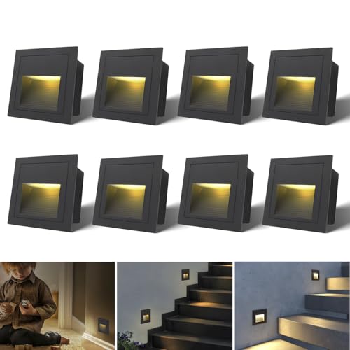 Arotelicht 8er 3W LED Treppenbeleuchtung Wandleuchte 230V Treppenlicht Warmweiß Innen Eckig Aluminium Einbaustrahler Treppenleuchte IP44 Innen Außen Schwarz Stufenlicht, Nicht die Standardgröße 60mm von Arotelicht
