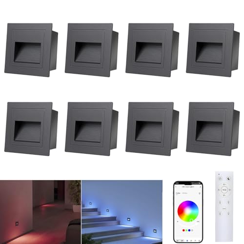 Arotelicht 8er LED Treppenbeleuchtung 230V RGB+WW+CW Bluetooth mit Fernbedienung, APP-Steuerung Treppenlicht 1.5W 68mm (Nicht-Standardgrößen-60mm) led Einbaustrahler IP65 Innen Außen Stufenlicht von Arotelicht