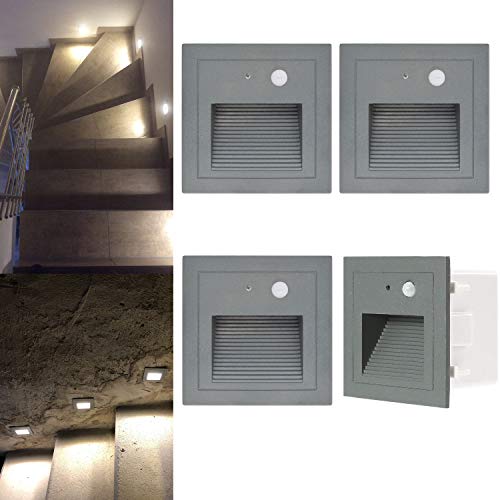 Arote 4er 3W LED Treppenlicht mit Bewegungsmelder 230V warmweiß 3000K IP65 Wasserdicht Wandeinbauleuchte Wandleuchte Wandeinbaustrahler Stufenlicht Beleuchtung Lampe, innen aussen, Grau, Alu von Arotelicht