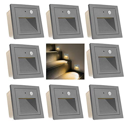 Arote 8er Set 3W LED Treppenlicht Wandleuchte mit Bewegungsmelder Quadratische LED Treppenbeleuchtung Warmweiß Wandeinbauleuchte Stufenbeleuchtung Stufenleuchte, Aluminium, 230V innen aussen, Sensor von Arotelicht