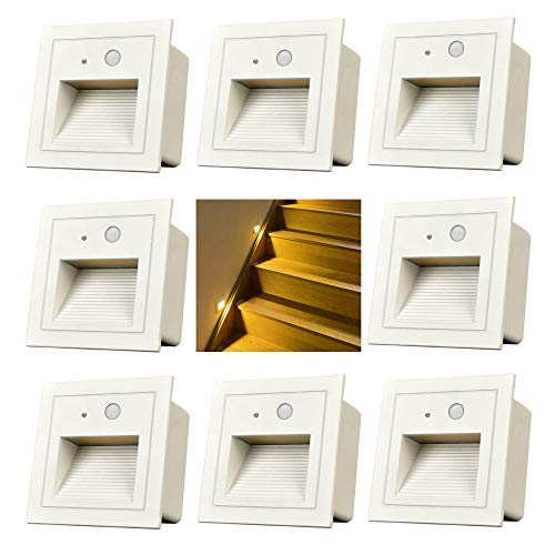 Arote 8er 3W Wandeinbauleuchte LED Treppenlicht mit Bewegungsmelder Quadratische 3000K Wandleuchte LED Treppenbeleuchtung Stufenbeleuchtung Stufenleuchte, Aluminium, 230V innen aussen, Treppen-Leuchte von Arotelicht