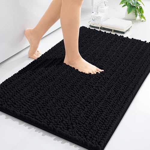 Arotive Luxuriöse Chenille-Badezimmerteppichmatte, extra weich, dick, saugfähig, zottelig, rutschfest, maschinenwaschbar, trocken, Dusche und Badewanne (40.6x61 cm, schwarz) von Arotive