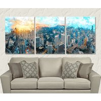 Hong Kong Panorama, Skyline, Leinwanddruck, Gemälde, Wandkunst von AroundWorldArt