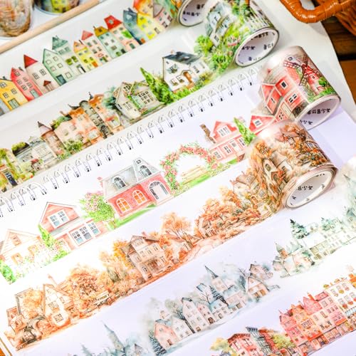 Arpaper Scrapbooking Zubehör Stickers,6 Rolls Scrapbook PET Tape Transparent Sticker Accessories für Journaling Zubehör,Photo Album,Notebook(Dream town) von Arpaper
