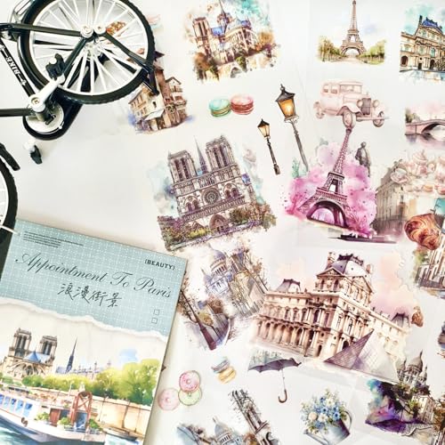 Scrapbook Zubehör Stickers,Bullet Journal Sticker PET Scrapbook Sticker Set,Blumen und Landschaft Building Aufkleber Deko für Fotoalbum,Kalender,Journaling,Painting(Romantic Street View) von Arpaper