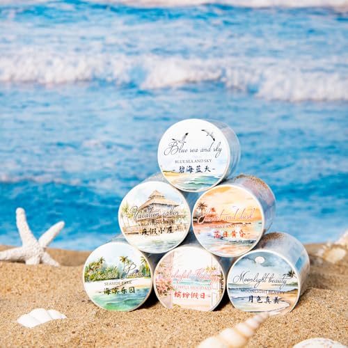 Washi Tape Scrapbooking Stickers,6 Rolls Strandthema Journal Zubehör Sticker Aufkleber Band Decorative für Journaling Zubehör,Photo Album,Mobile Phone(Beach Series) von Arpaper