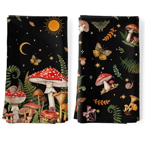 Arquiel 2er Set Geschirrtücher Pilz Küchentücher Schmetterling Frühling Wald Dekorative 100% Baumwolle, 48 x 70 cm, Trockentücher Saugstarke Geschenk, Küche Dekoration von Arquiel