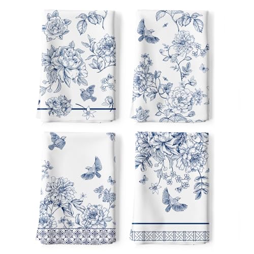 Arquiel 4er Set Geschirrtücher Chinoiserie Blumen Küchentücher Blau Vogel Dekorative 100% Baumwolle, 48 x 70 cm, Trockentücher Saugstarke Geschenk, Küche Dekoration von Arquiel