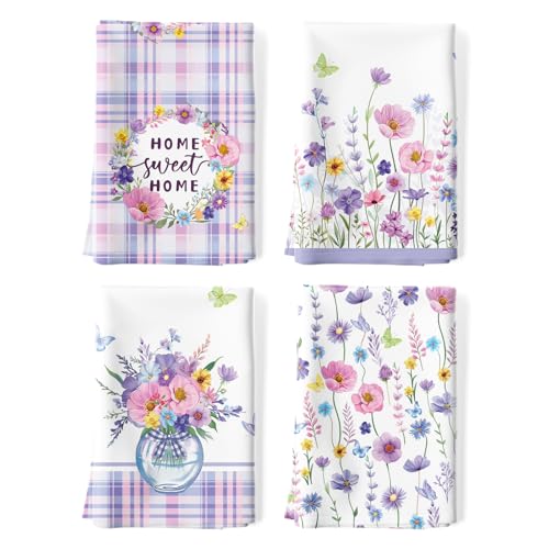 Arquiel 4er Set Geschirrtücher Lila Blume Küchentücher Dekorative 100% Baumwolle, 48 x 70 cm, Trockentücher Saugstarke Geschenk, Küche Dekoration von Arquiel