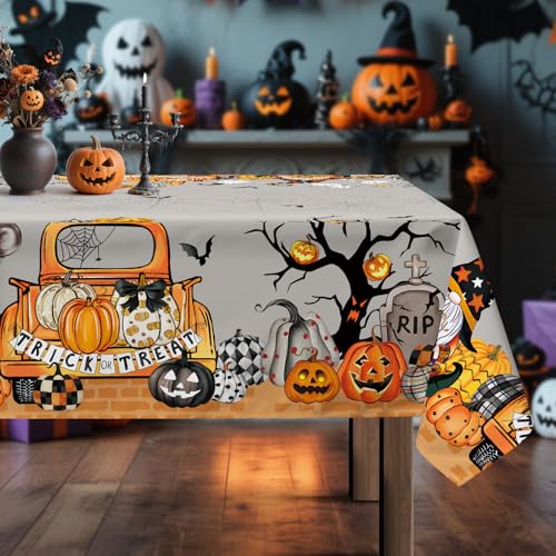 Arquiel Halloween Tischdecke Rechteckige, Lastwagen Spinnennetze Wichtel Geist Kürbis Tischtuch Abwaschbar Tischdecken Wasserabweisend für Party Feiertage Herbst Abendessen Dekor(152 x 213 cm) von Arquiel